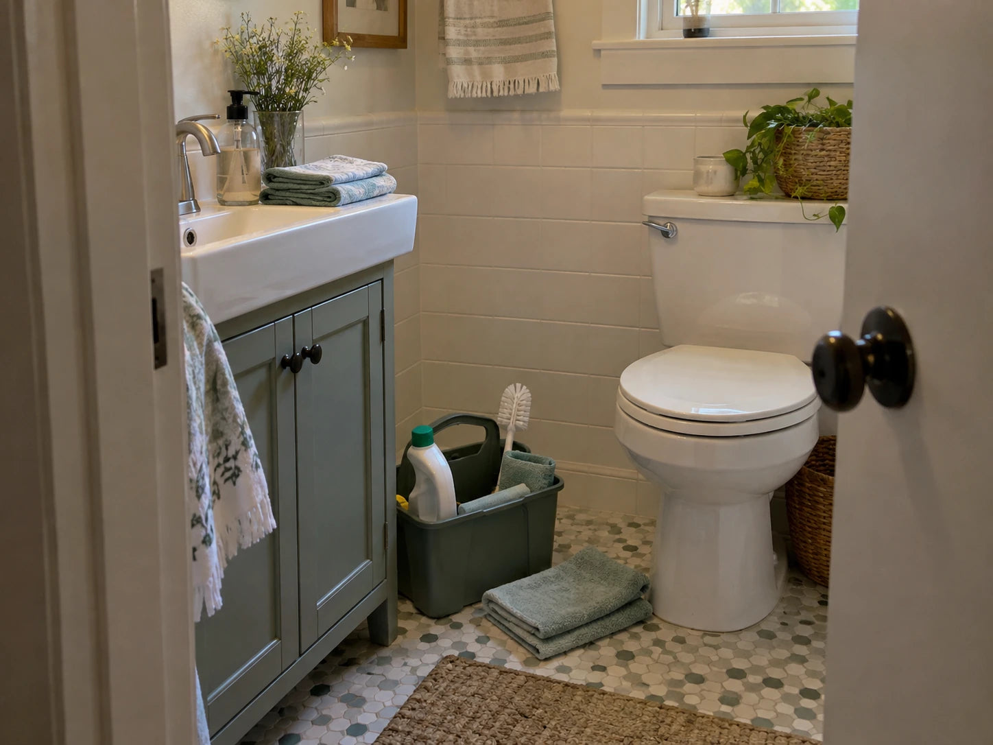 Cleaning supplies and fresh guest towels ready for a bathroom tidy-up.