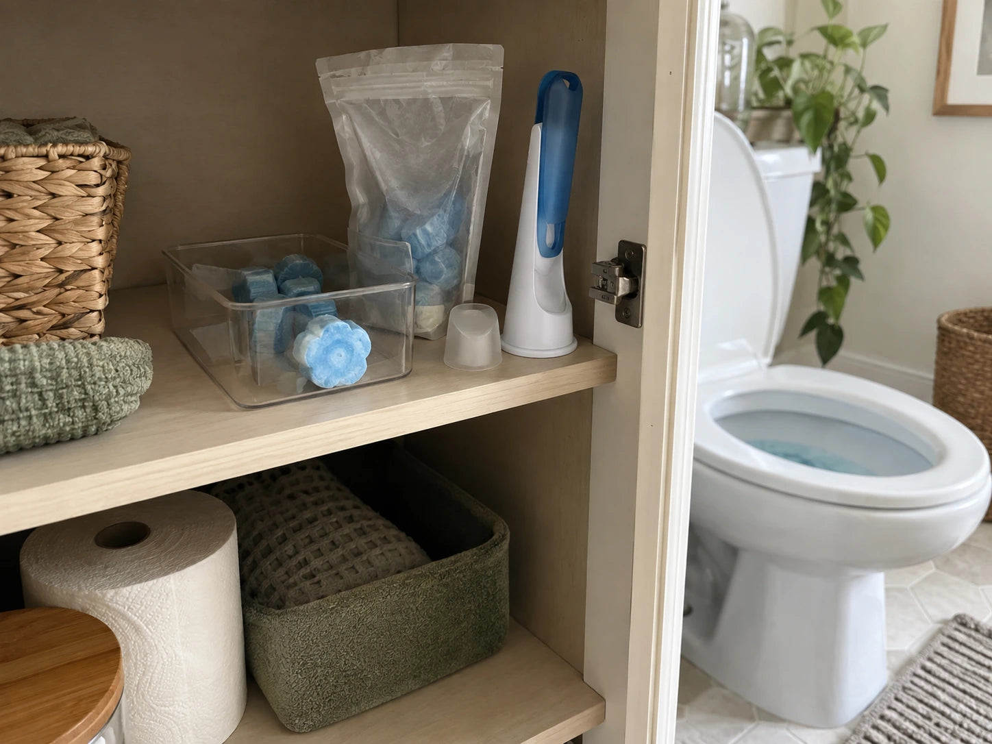 Generic toilet tablets and refill products stored in a bathroom cabinet.