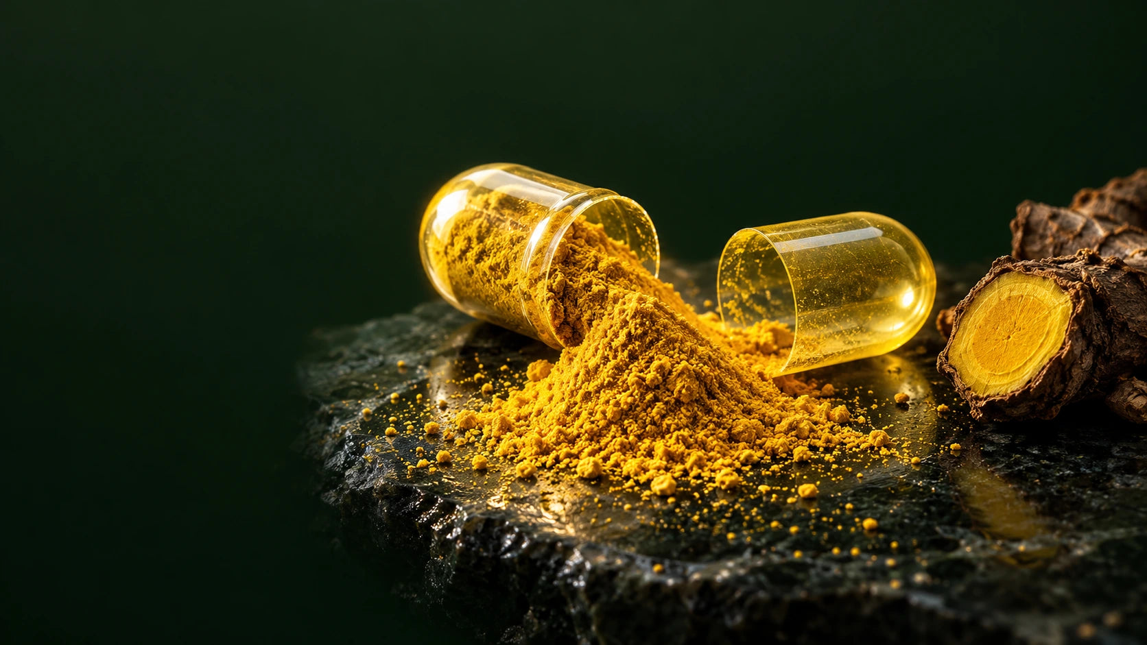 Macro of a golden capsule opened to reveal berberine powder beside Indian barberry root
