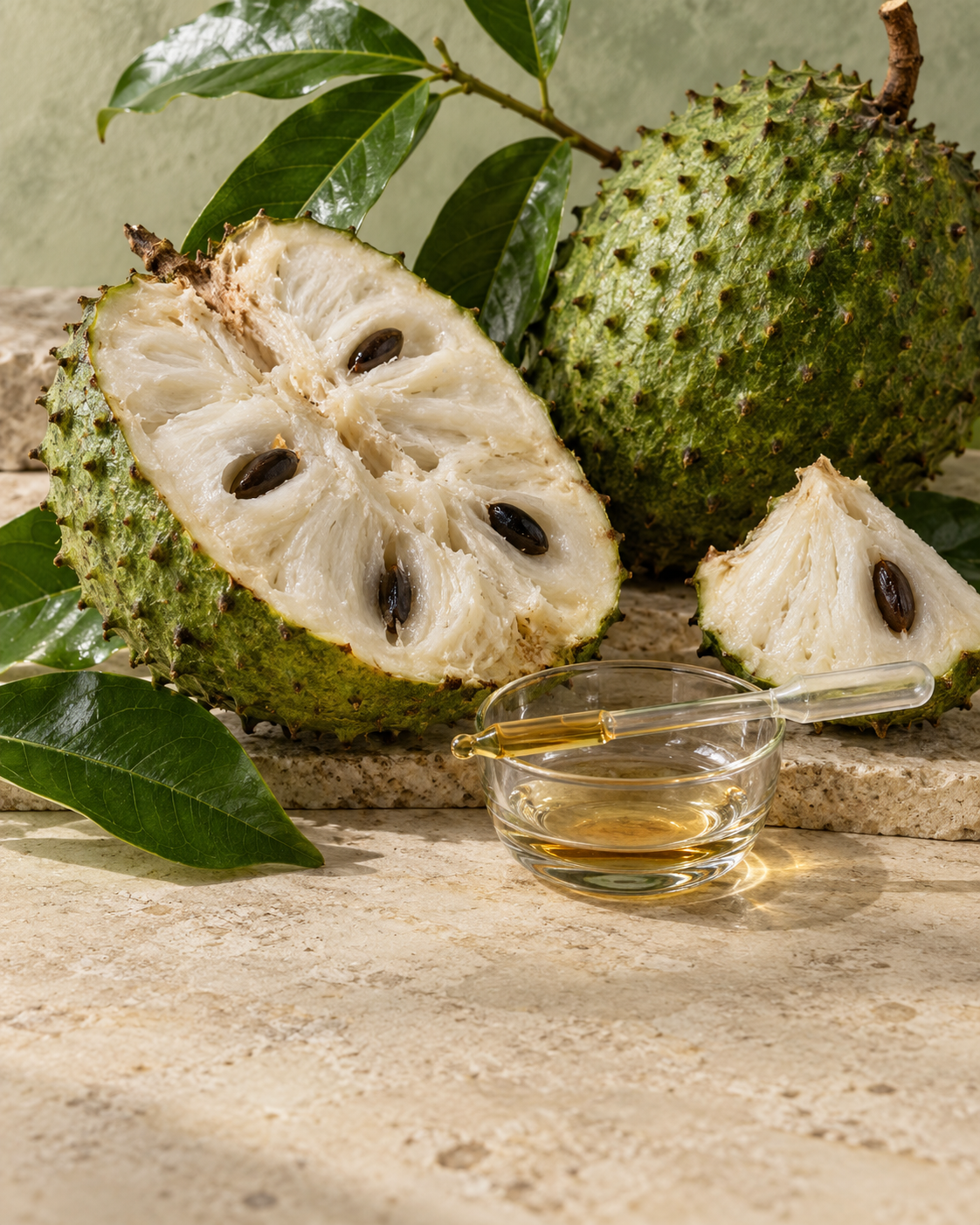 Fresh soursop, green leaves and an amber drop in a botanical serving study