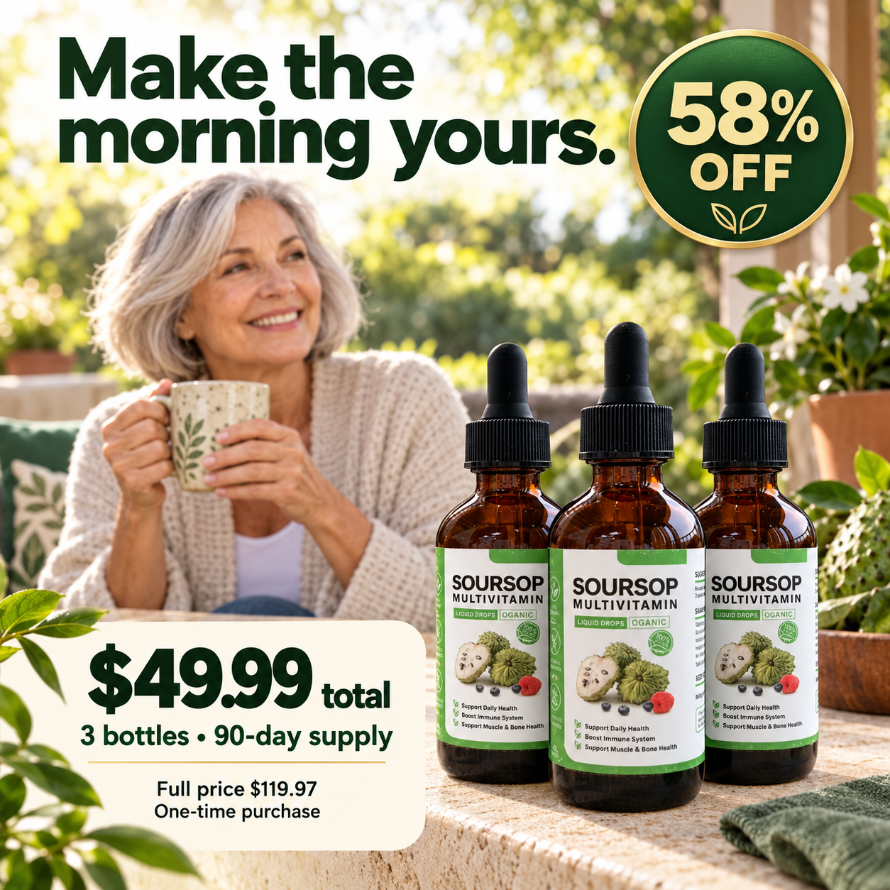 Three-bottle offer with the real product, $49.99 total and 58% saving from $119.97 full price