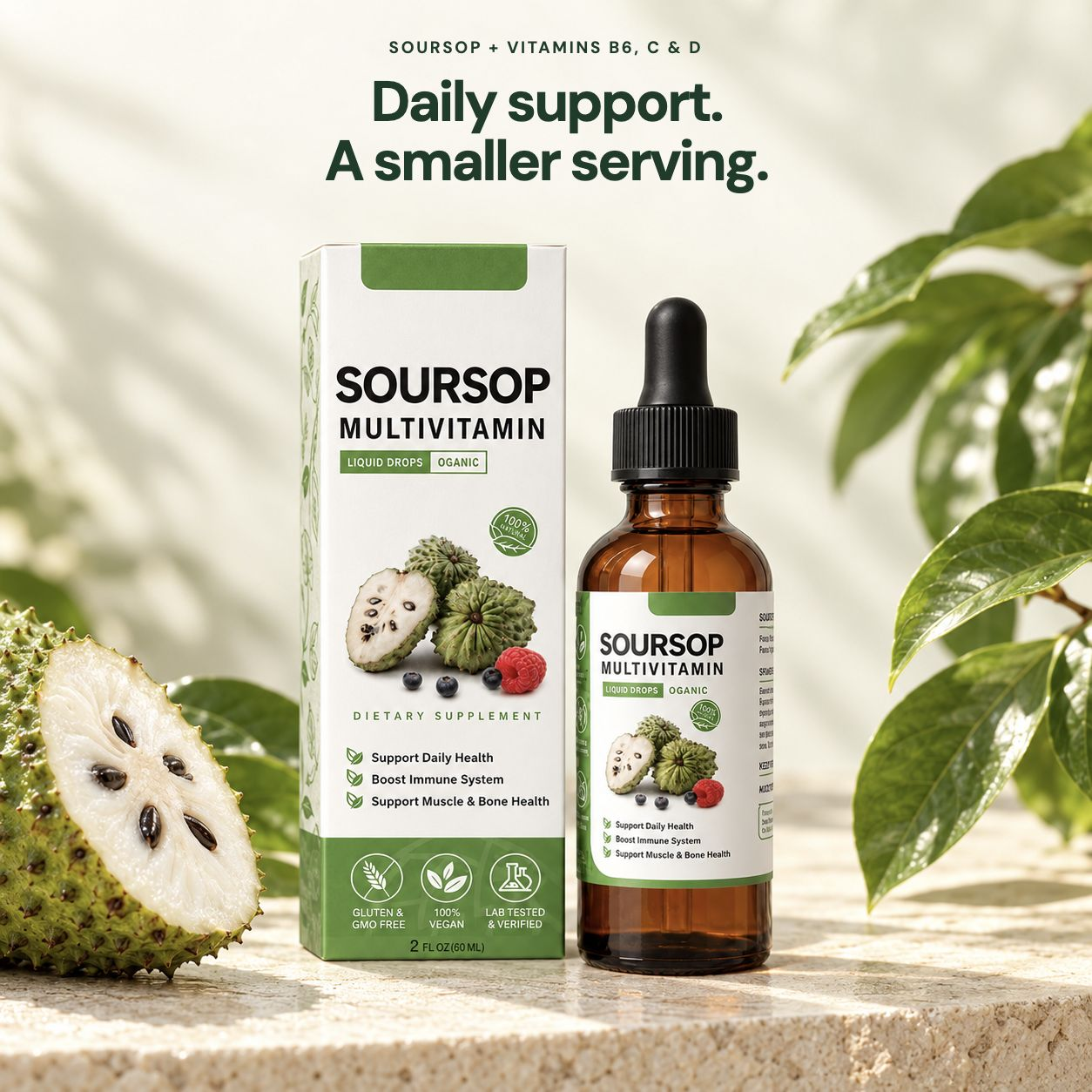 Soursop Daily Drops, the original amber bottle and carton in a fresh botanical scene