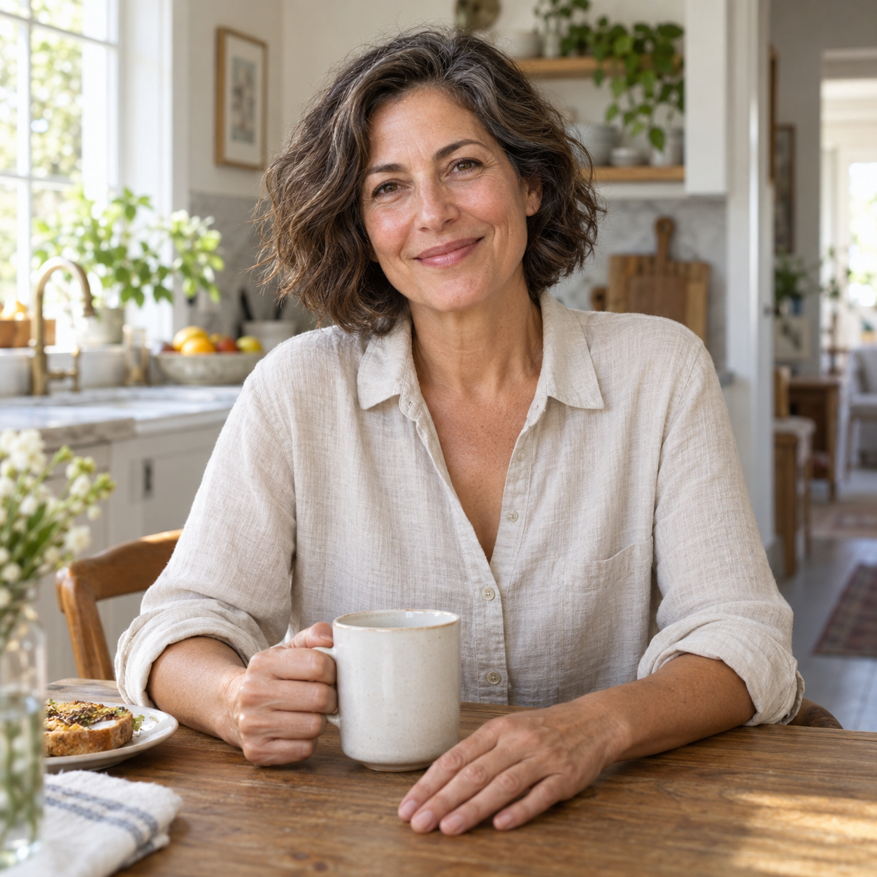 A relaxed morning at home with a naturally smiling woman