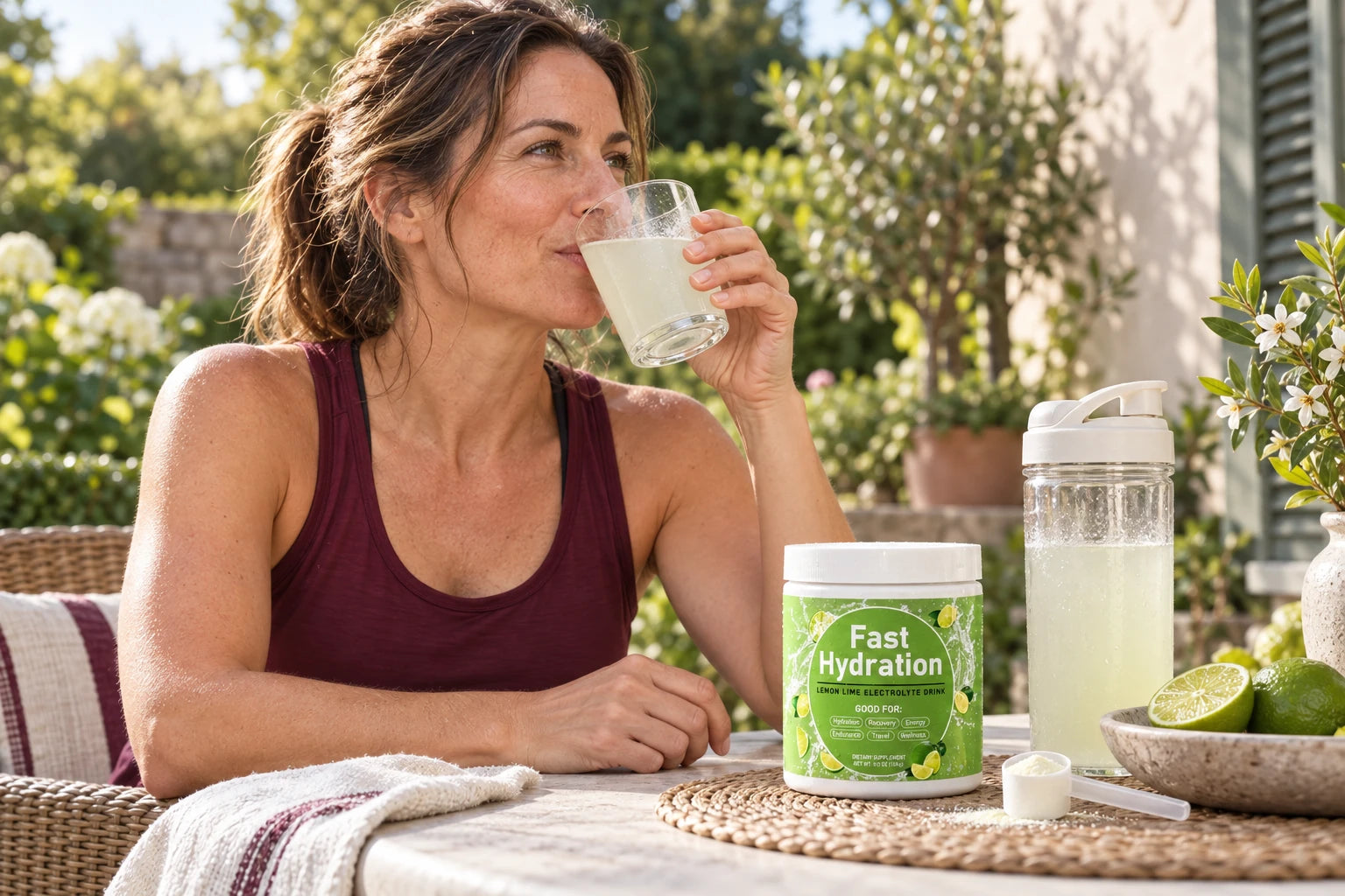 Illustrative scene of a woman enjoying her prepared electrolyte drink after a walk, with the Lemon Lime tub visible