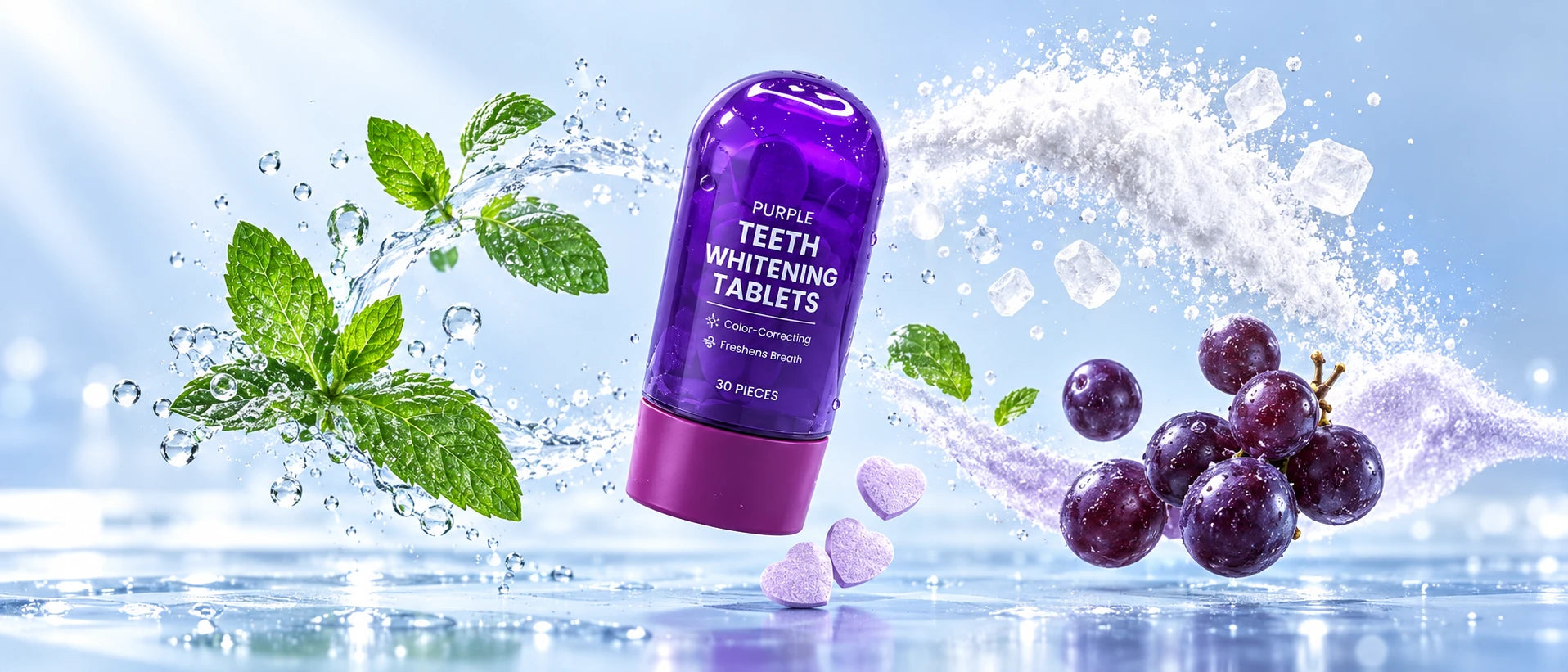 The current generic purple bottle with mint, bicarbonate powder, xylitol crystals and grapes radiating outward