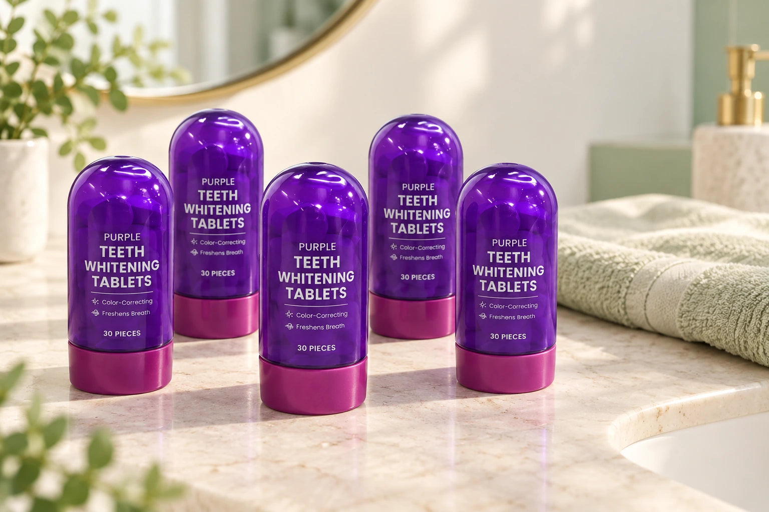 Five original purple Smile Tablets bottles on a natural bathroom vanity
