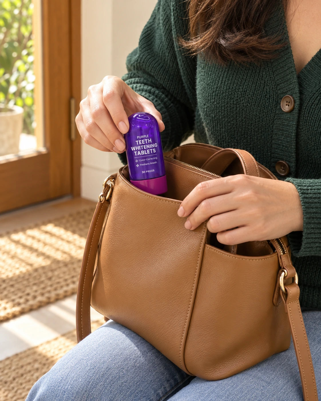 A woman in green putting the bottle in her handbag