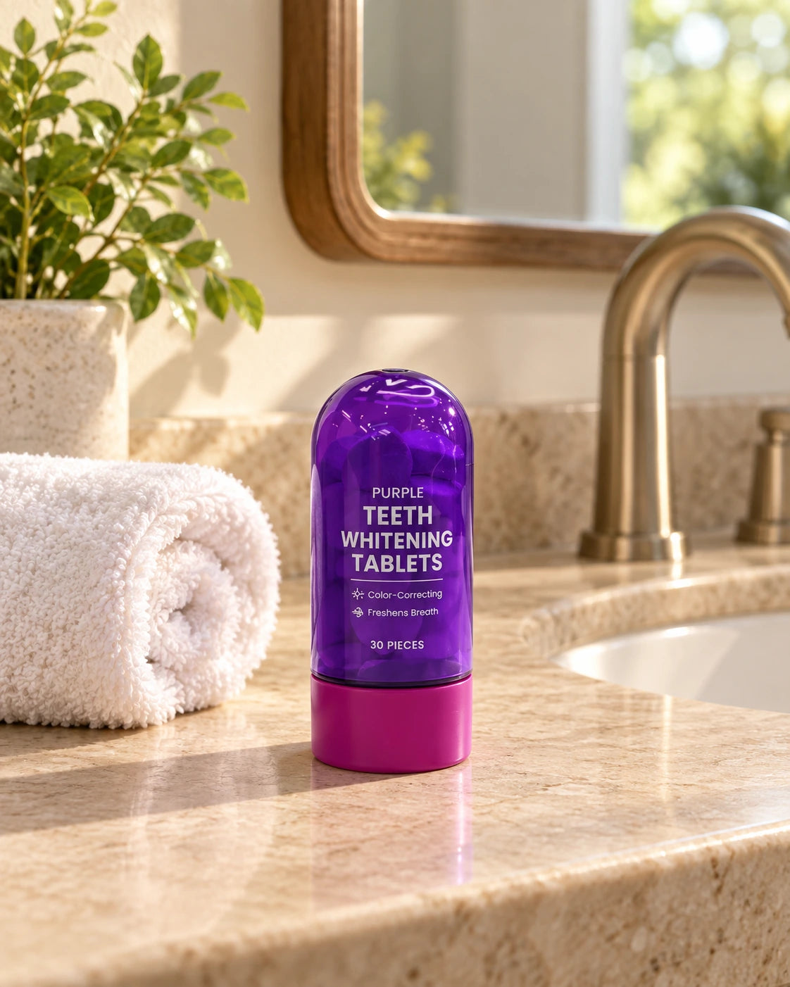 The original bottle on a bathroom vanity, fully framed