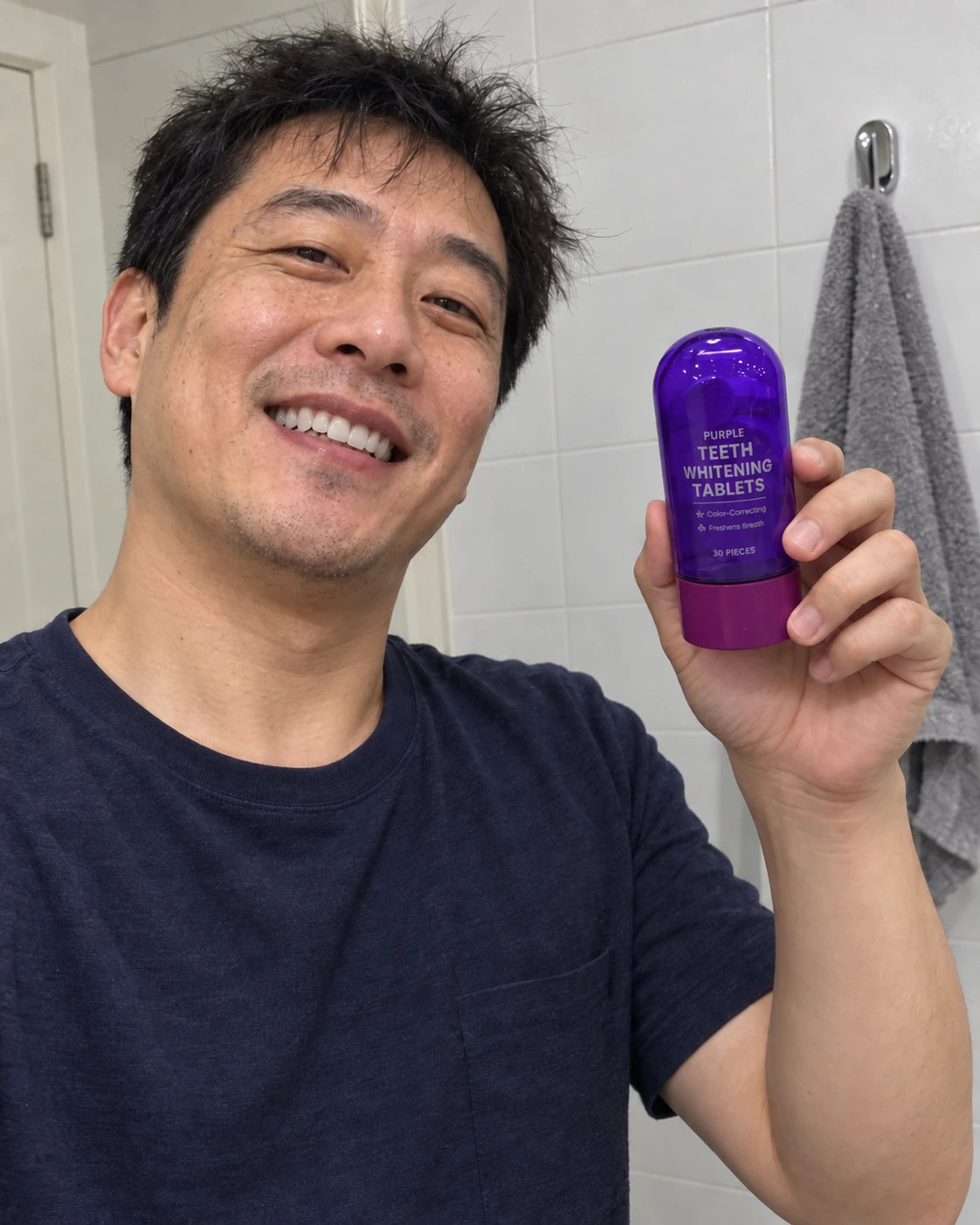 AI lifestyle image: man taking a casual bathroom selfie with the original purple bottle