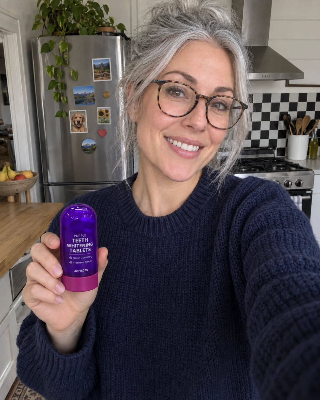 AI lifestyle image: silver-haired woman taking a casual kitchen selfie with the original purple bottle