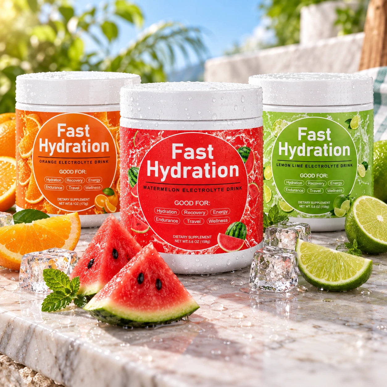 The existing Orange, Watermelon and Lemon Lime tubs displayed together; three available flavors