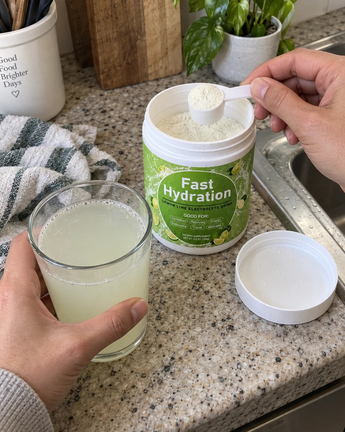 AI-created casual phone-style image of an open Lemon Lime tub, scoop and prepared drink; illustrative