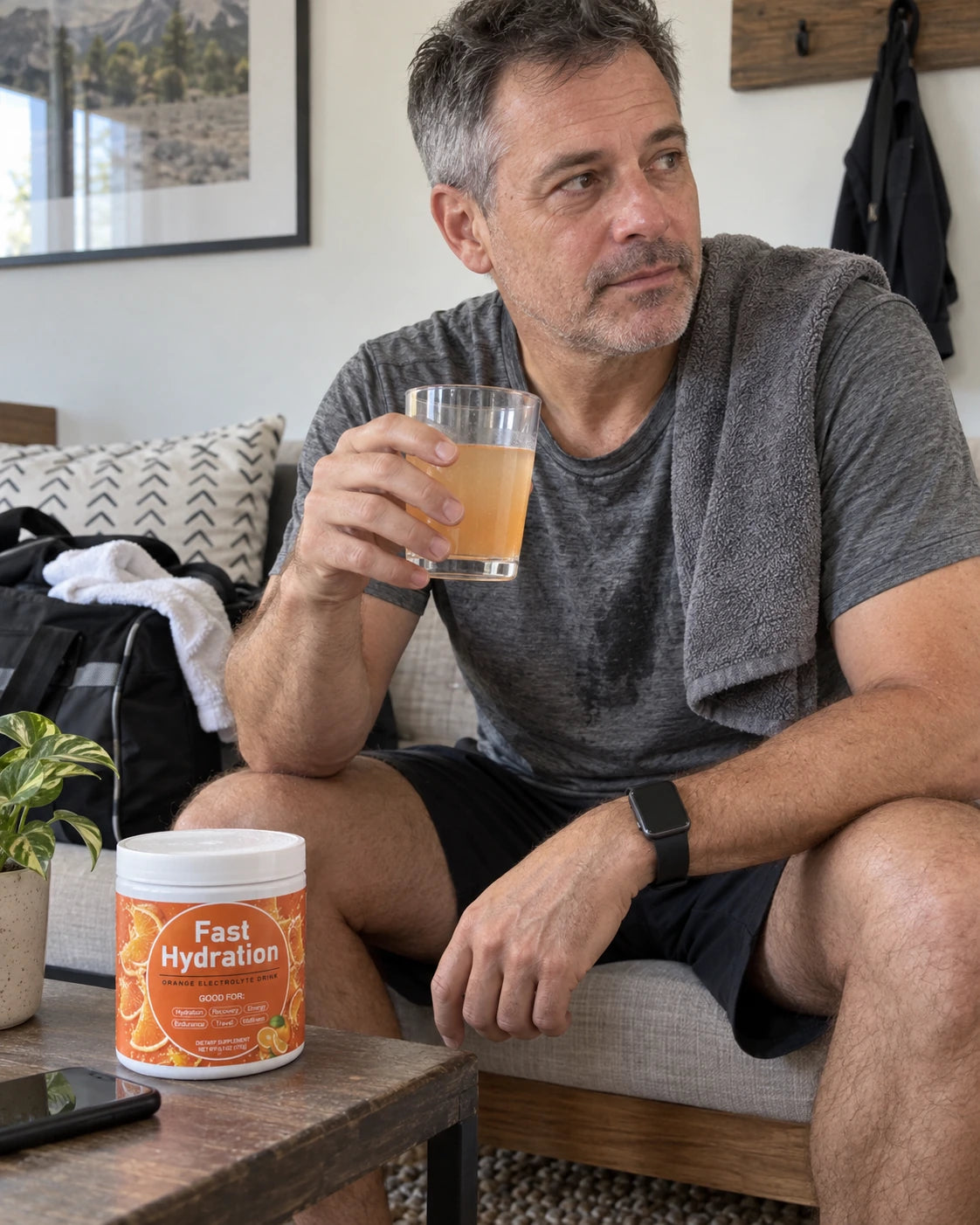 AI-created phone-style image of a man with an Orange electrolyte drink and gym bag; illustrative, not an actual customer