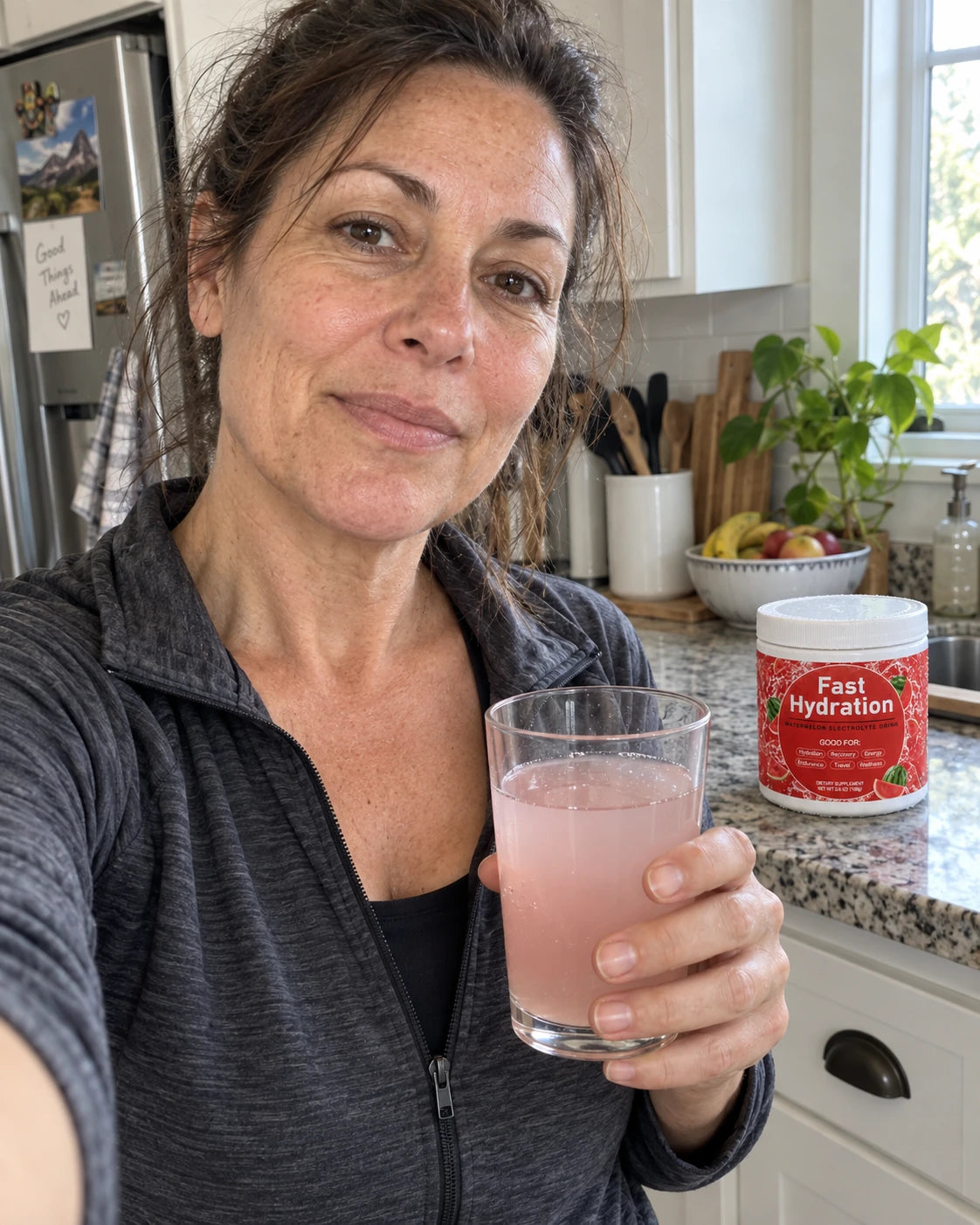 AI-created phone-style image of a woman with a pink electrolyte drink; illustrative, not an actual customer